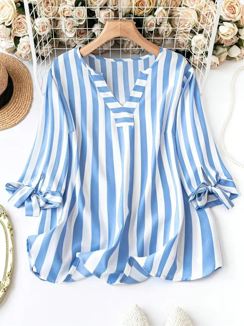 

Plus Size 1XL-5XL Women's Casual Striped Blouse Shirt Ladies Fashion Elegant V-Neck Short Sleeve Blouse Shirt