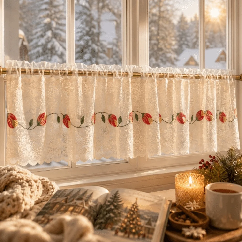 Sheer Voile Floral Lace Curtains Dust-Proof Lace Trim Cafe Curtains Light Blocking Room Partition Curtain Kitchen