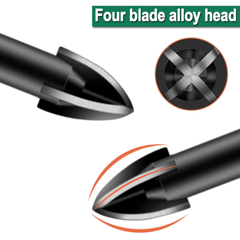 Alloy triangle drill, hexagonal shank, spiral groove, four-edge cross drill, cement, wood, ceramic, glass drilling drilling