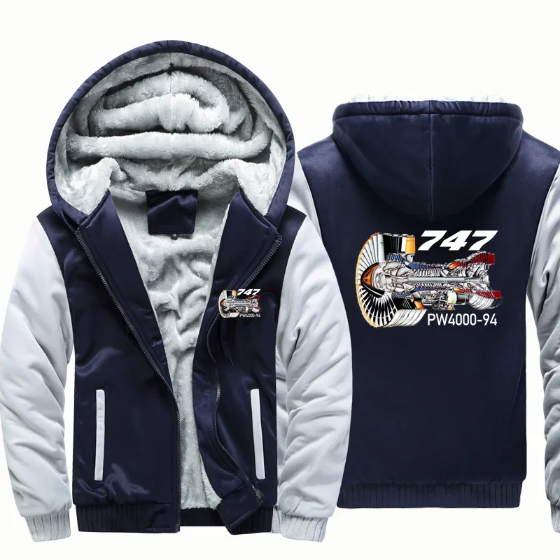 747 & PW4000-94 Engine Fleece Warm Wool Aviation Pilots Flight Men Coat Jackets Zipper Hooded Thick Hoodies Sweatshirts