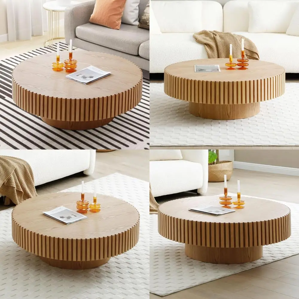 

Rustic Oak Wood Round Coffee Table - Handcrafted Drum Style Accent Table for Living Room, 31.5 Diameter x 13.8 High, Natural Fin