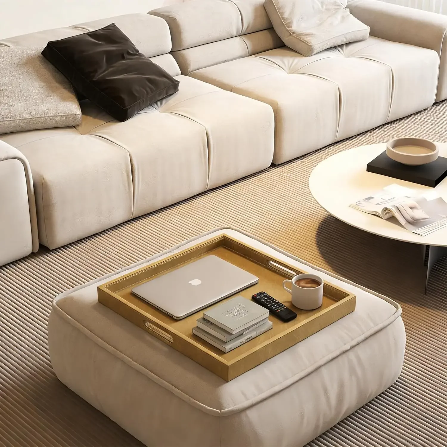 30 x 30 inches Leather Ottoman Serving Tray with Hole Handles, Square Extra Large Modern Service Tray for Living Room, Coffee