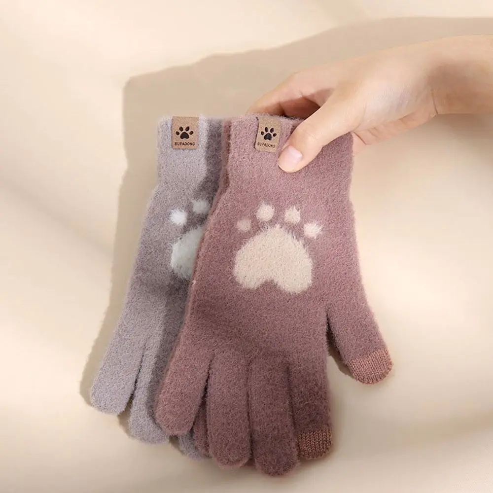 Thick Soft Elastic Cat Paw Love Knitted Driving Gloves Touch Screen Gloves Female Gloves Wool Mittens