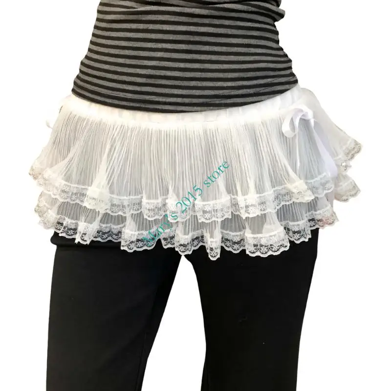 

Women's Layered Ruffled Lace Shirt Extender Bowknot Mini Wrap Skirt Sheer Mesh Waist Belt Accessory for Layering Outfit