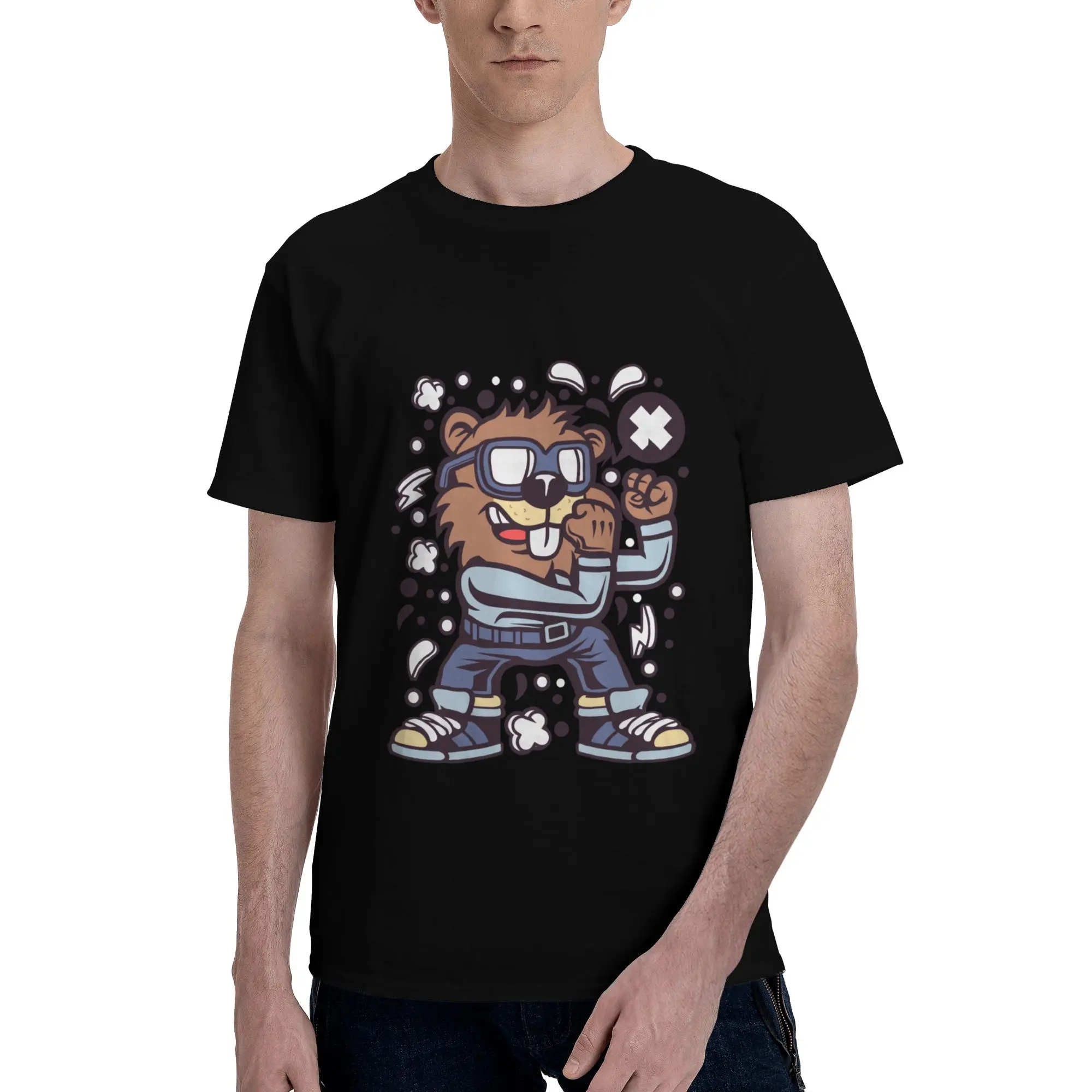 Skateboard Bear Character Print Men T-Shirt Clothes  Tee Shirt Short Sleeve fugees Pure Cotton