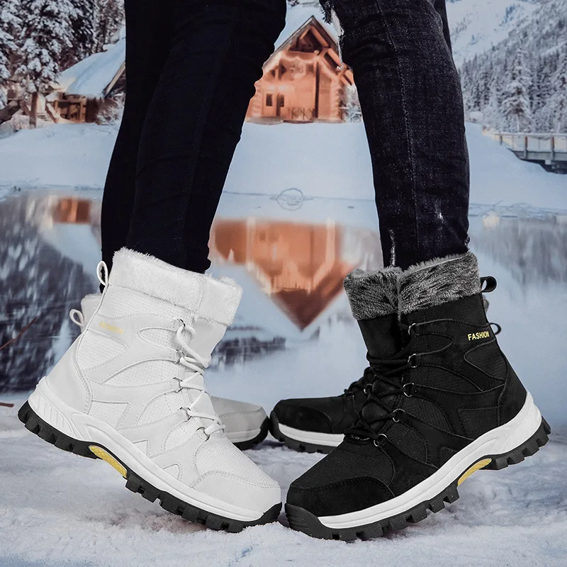 

High top hiking shoes 2025 winter fashion men's and women's outdoor thick anti slip snow boots with plush warm cotton shoes