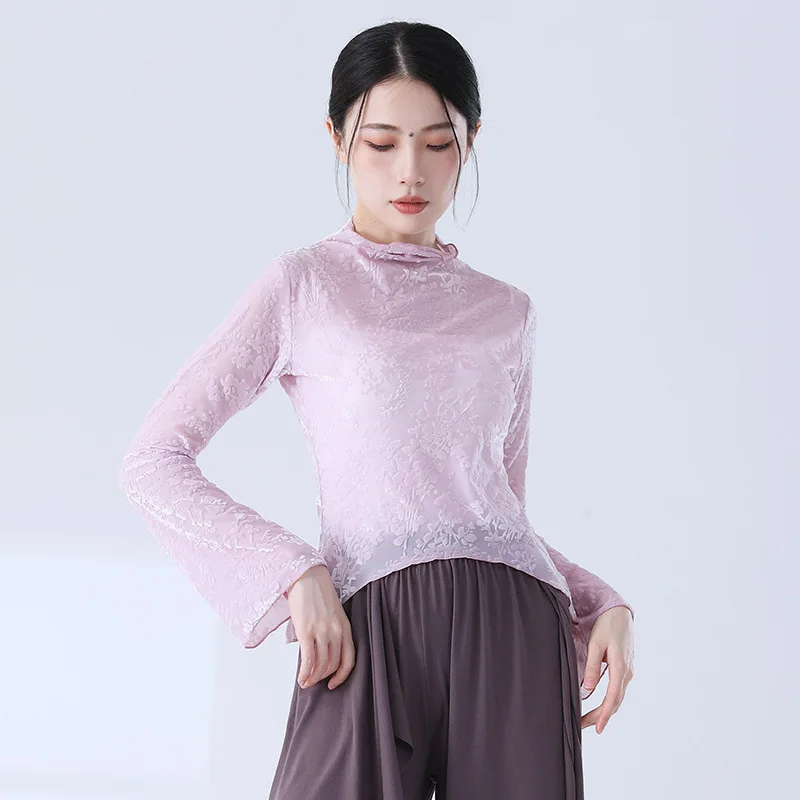 

Flock Lace Dance Top Long Sleeve Women Sexy Pretty Body Rhyme Shirt Modern Hanfu Classical Chinese Folk National Dance Tee 2024