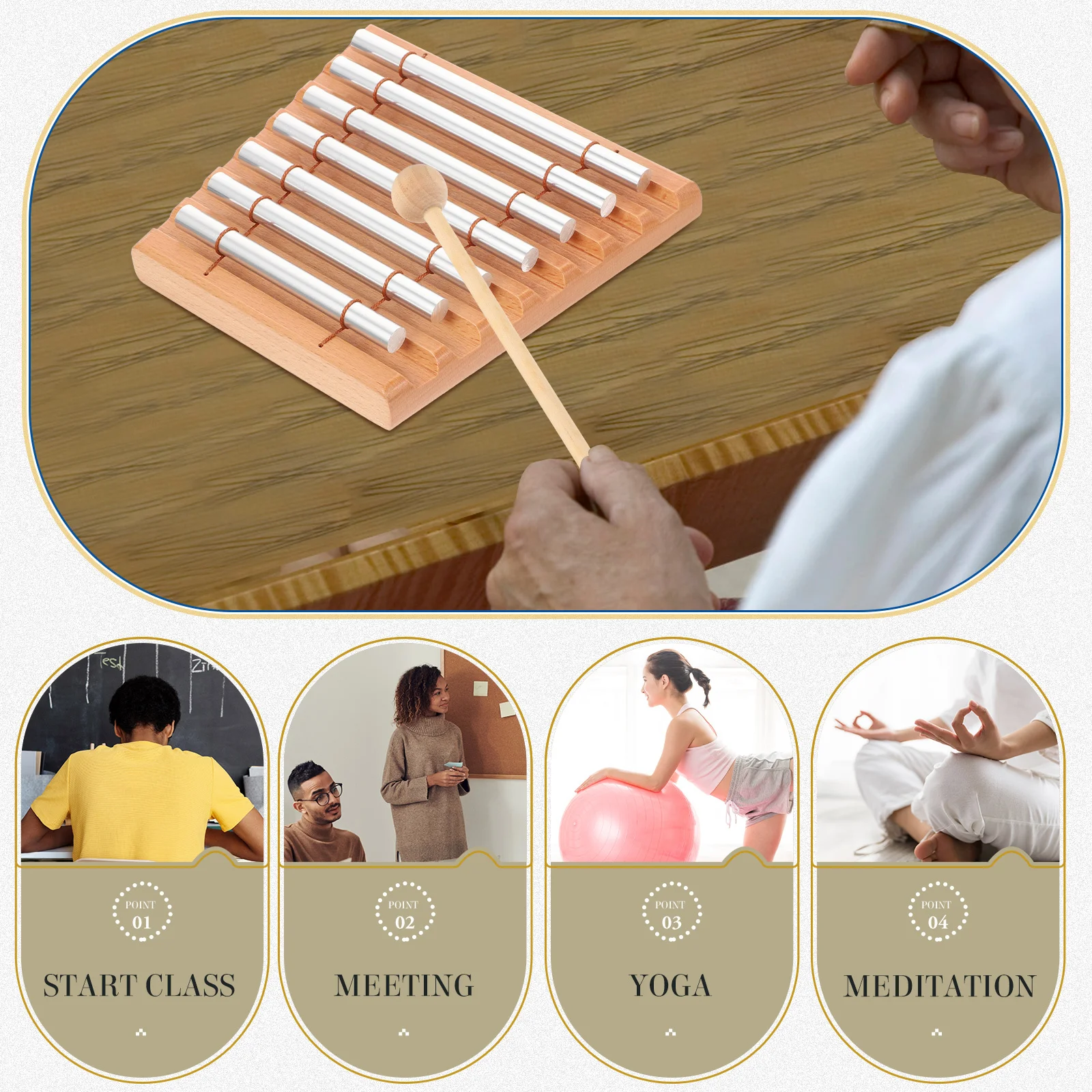 

1Set 7 Tone Music Percussion Chime Wooden Base Classroom Hand Bell for Educational Play Meditation Yoga Relaxation
