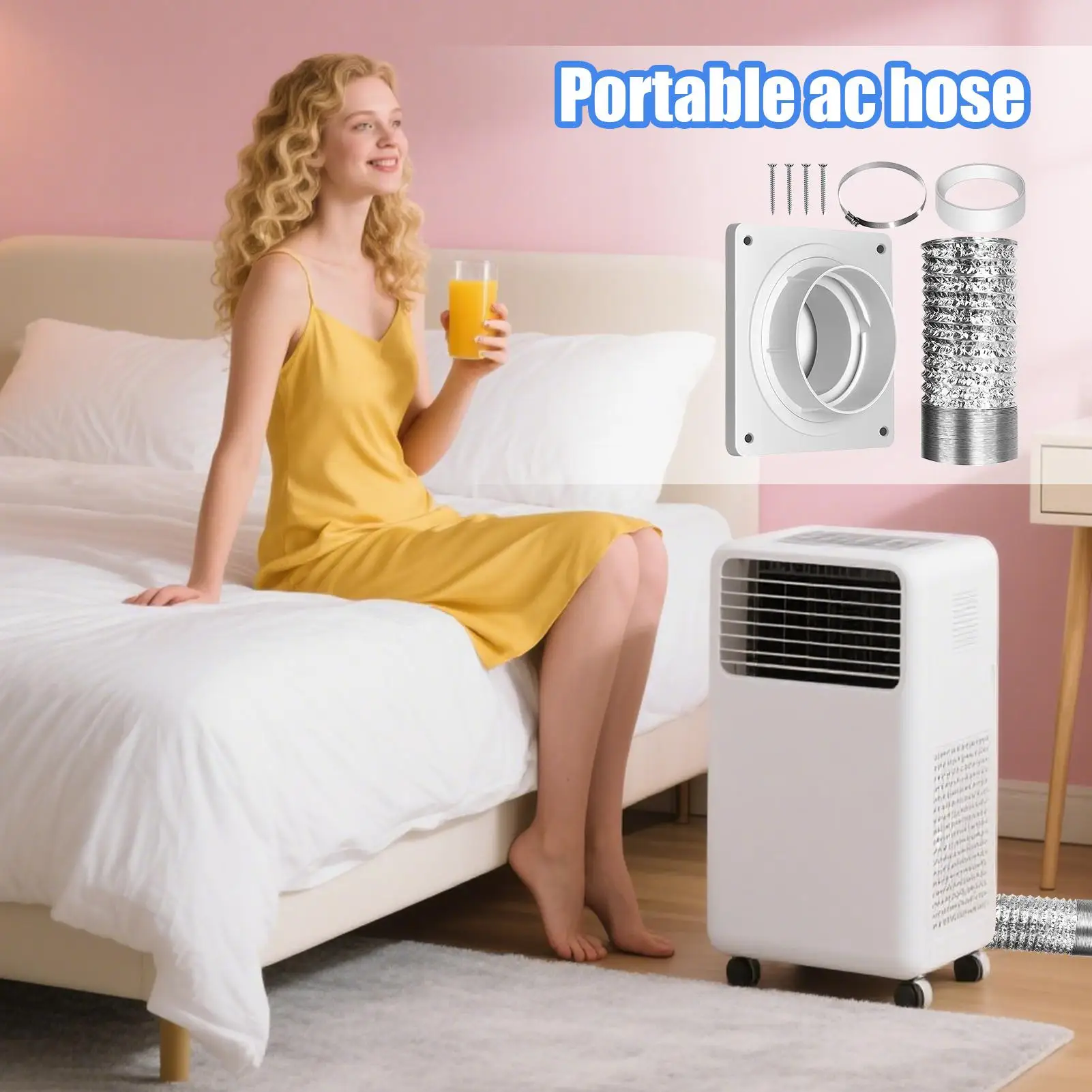 Portable AC Vent Kit Aluminum Foil Duct Hose Adjustable Wall Flange Plate with Connector Clamp Seal Ring for Air Conditioner