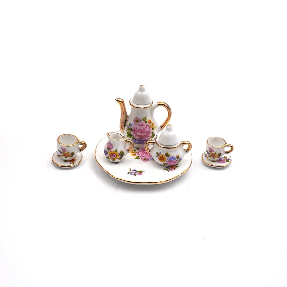 1/6 1/12 Dollhouse Miniature Accessories Mini Ceramics Tea Set Simulation Teapot Plate Cup Model for Doll House Decoration