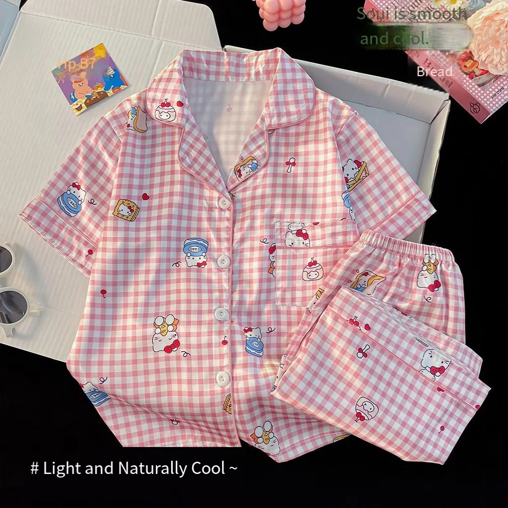 2Pcs Hello Kitty Cinnamoroll Pajamas Set Women Short Sleeve Gingham Satin Silk Sleepwear Cute Print Y2K Casual Home Loungewear