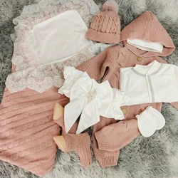 Infant Swaddle Blankets Soft Thick Fleece Knit Baby Girls Boys Stroller Wraps White Beading Boknot sash 9pcs Crochet Outfit set