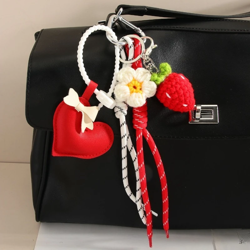 

Handmade Leather Heart Keychain for Women Bag Charm Strawberry Flower Woven Rope Keyring High End Elegant Accessory
