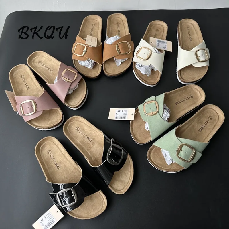 

BKQU 2024 High Quality New Trend Women's Belt Buckle Flip-flops Thick Soles Vintage Muller Shoes Clog Sole Pump