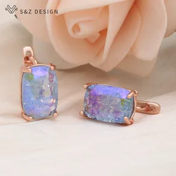S&Z DESIGN New Fashion Rectangle Ice Crack Crystal Dangle Earrings For Women 585 Rose Gold Color Wedding Jewelry Eardrop