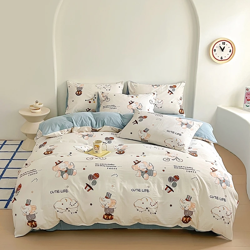 Cartoon Elephant Duvet Cover Queen Circus Elements with Star Balloons Comforter Cover 4 Pcs Circus Bedding Set for Kids Boy Room