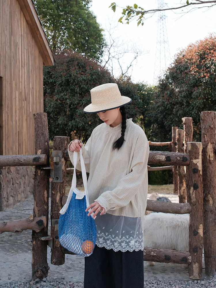 

Sweet Sle Patchwork Lace Trim irt Cotton Pure Long Sve Cheered Pattern Women's Loose Fit Breathable Comfortable Spring