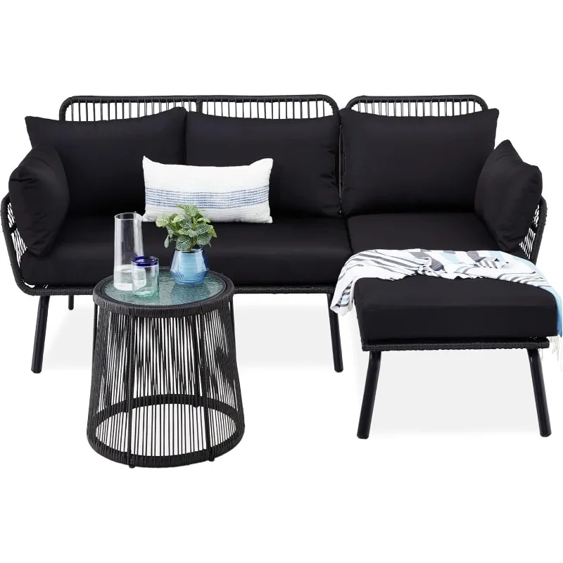 

Best Choice Products Outdoor Rope Woven Sectional Patio Furniture L-Shaped Conversation Sofa Set, Cushions, Side Table