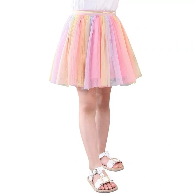 Cute Rainbow Girls Mesh Skirts 2022 Summer New Kids Princess Tutu Skirts Color Stripes Girls Pleated Skirt Gauze Child Miniskirt