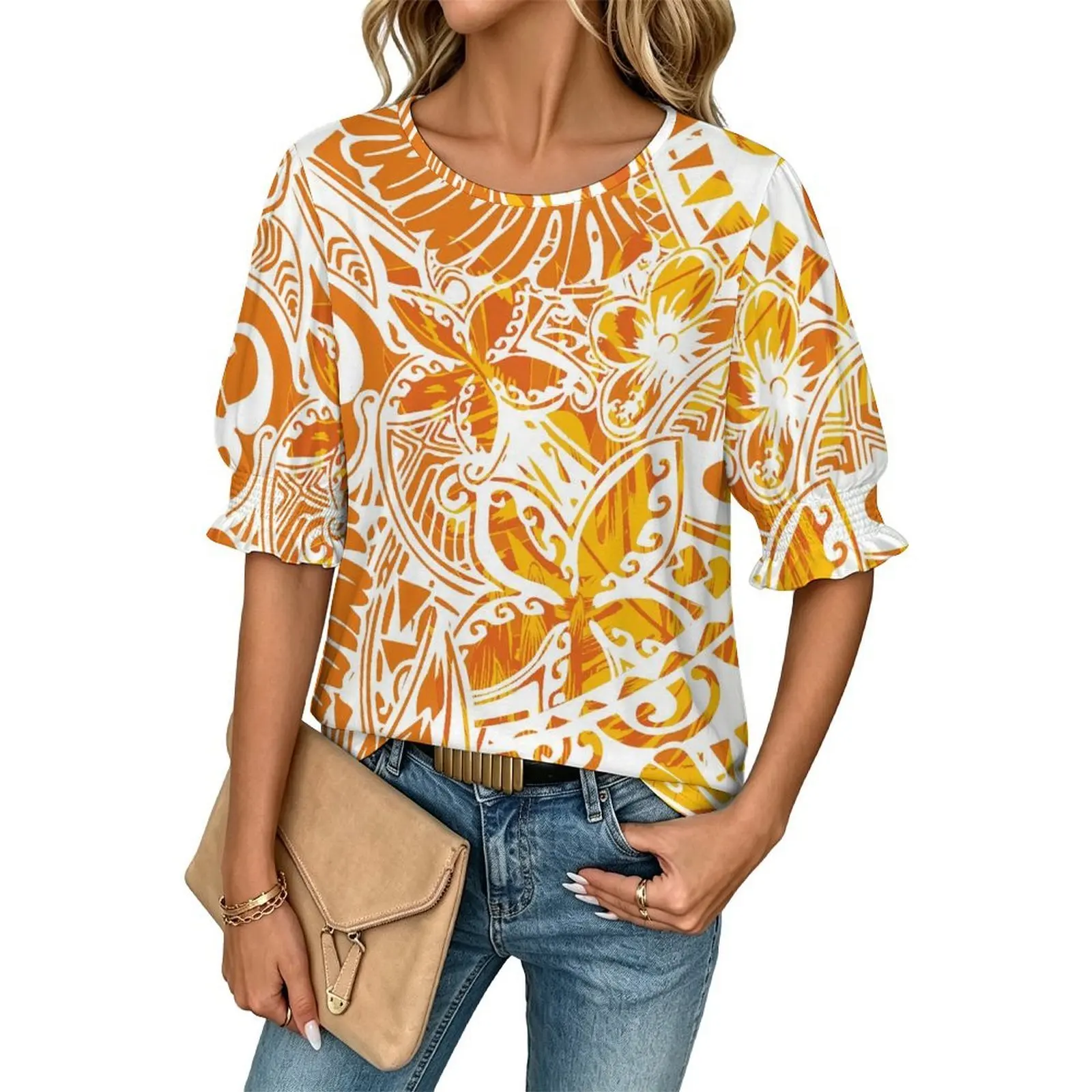 Newly designed Polynesian island patterned women's short-sleeved shirt with high-definition design, a casual shirt
