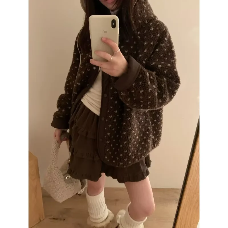 Japanese Korean Retro Love Little Lamb Wool Hooded Cotton Autumn Winter Chic Stand Up Collar Single Breasted Loose Coats