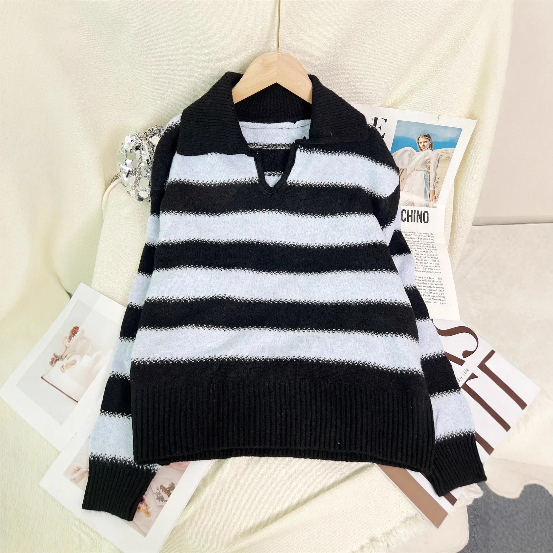 2025 Autumn and Winter New Style Turn-down Collar Color-blocking Casual Striped Knitted Pullover 2