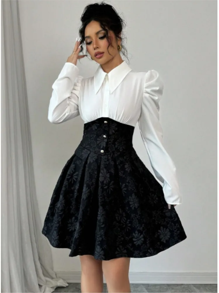 Abito autunnale Donna Fiore Patchwork floreale Volant Pieghettato Moda Abiti eleganti da donna Mini abito da donna sottile a vita alta