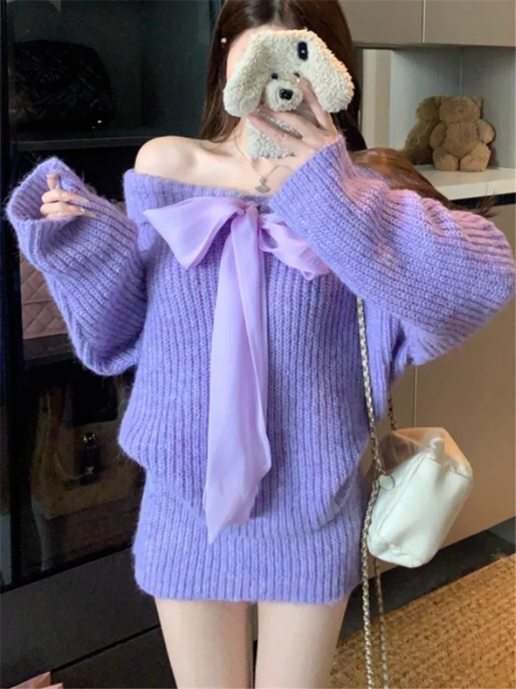 

Bow Tie Purple Knitted Slash Neck Sweater Two Piece Dress Sets Off Shoulder Loose Jumper&Pencil Mini Skirt Spicy Girl Knitwear