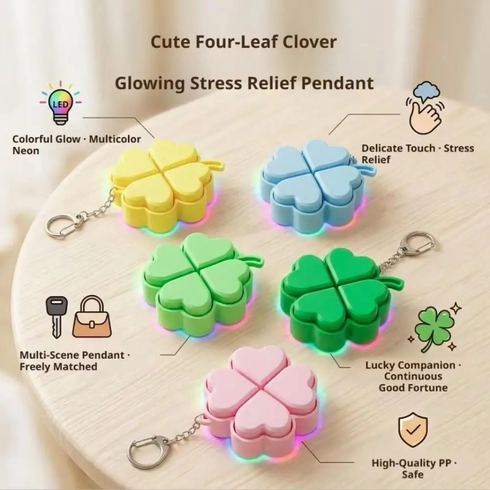 Clickable Buttons Lucky Four Leaf Clover Keychain Translucent Wings Flashing Light Backpack Pendant Fade-Resistant Lightweight