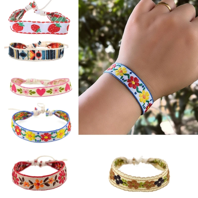 Boho Strawberry Flower Embroidered Bracelet Handmade Braided Bracelet Friendship Wrap Bracelets Thread Woven Wristbands image 5