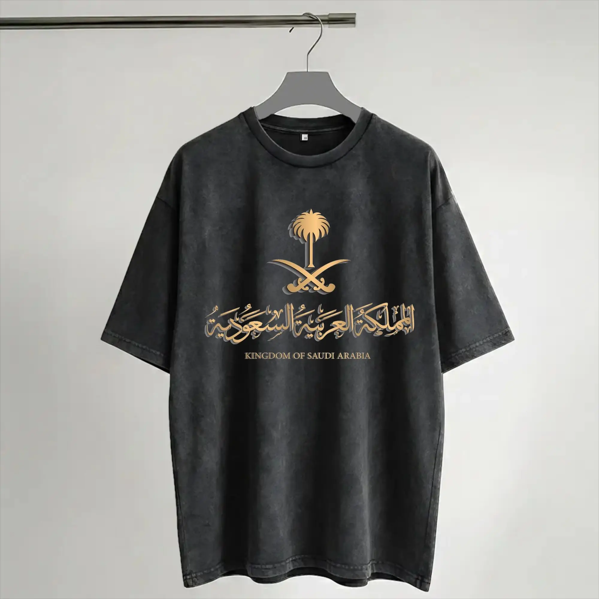 SAUDI ARABIAN FLAG ON SAUDI EMBLEM IN GOLDEN  T Shirt Hip Hop Washed Cotton Street T-Shirts  Vintage for Men Women Streetwear