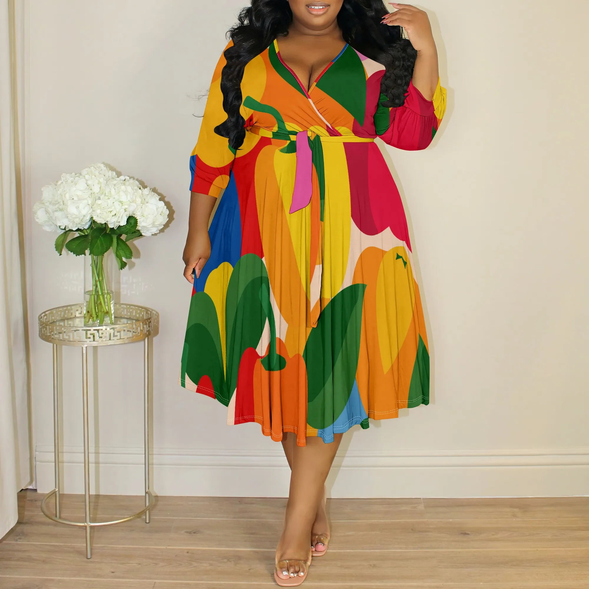 

Fashion Plus Size Pleated Dress V-Neck Wrap Style Colorful Abstract Print A-Line Midi Dress for Fall Party XL-6XL