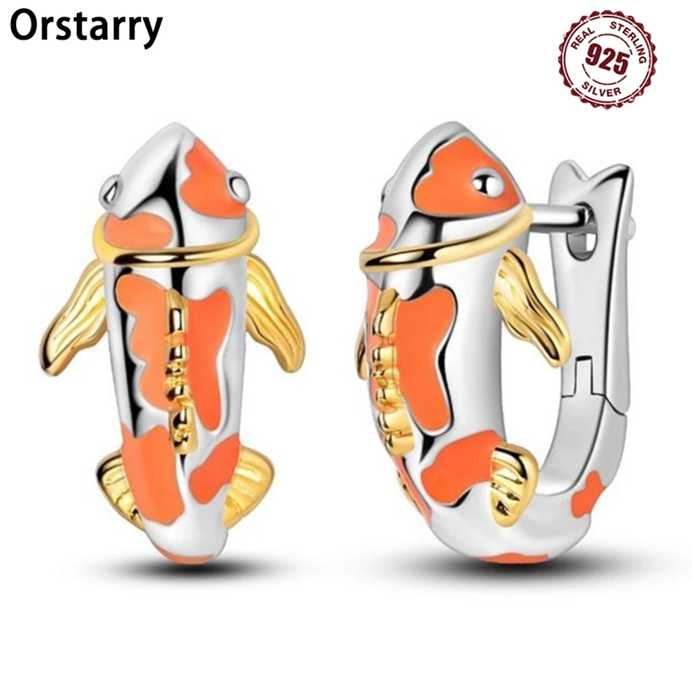 

925 Sterling Silver Orange Fish Lucky Koi Earrings Jewelry Versatile Hoop Earrings For Women Jewelry Birthday Party Fine Gifts