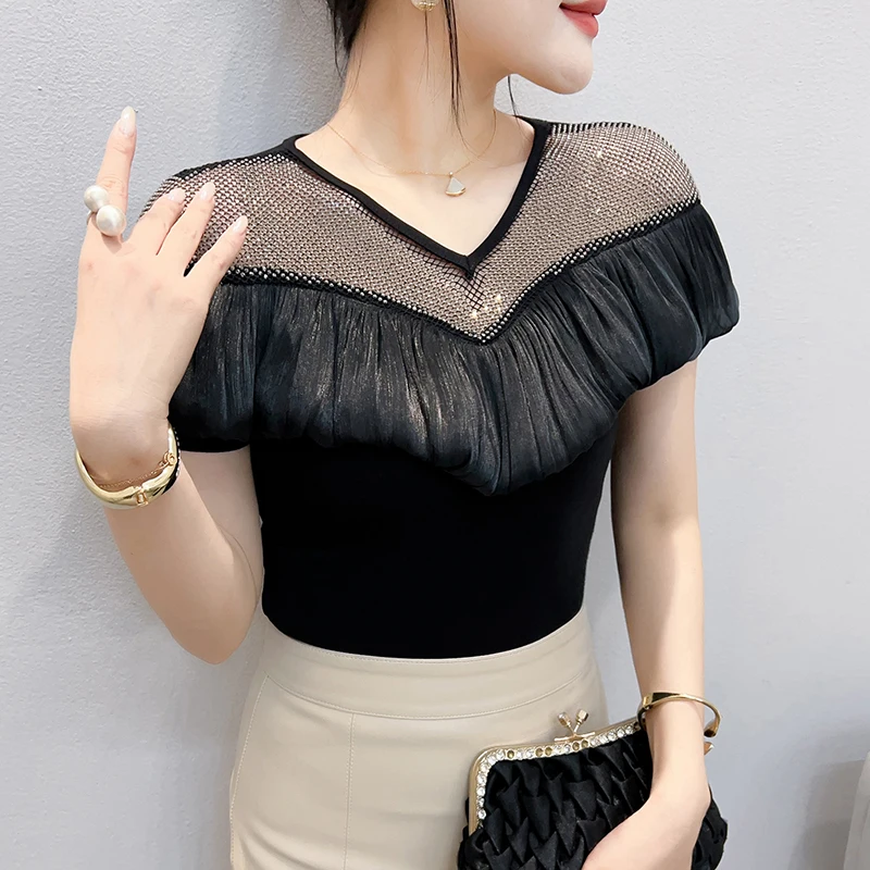 Summer Mesh Rhinestone T-Shirt for Women, Hollow Out Ruffled Short Sleeve Top, Slim Fit Fashion Blouse