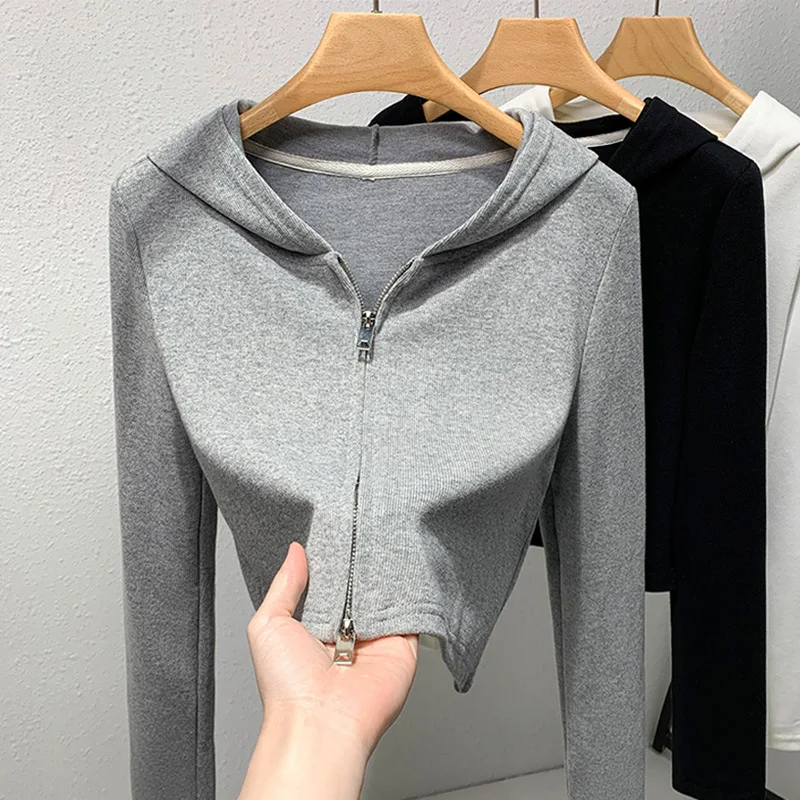 

Укороченная толстовка с капюшоном на молнии, V-образным вырезом, повседневная, с длинным рукавом, легкая, серая, мягкая, облегающая, для женщин