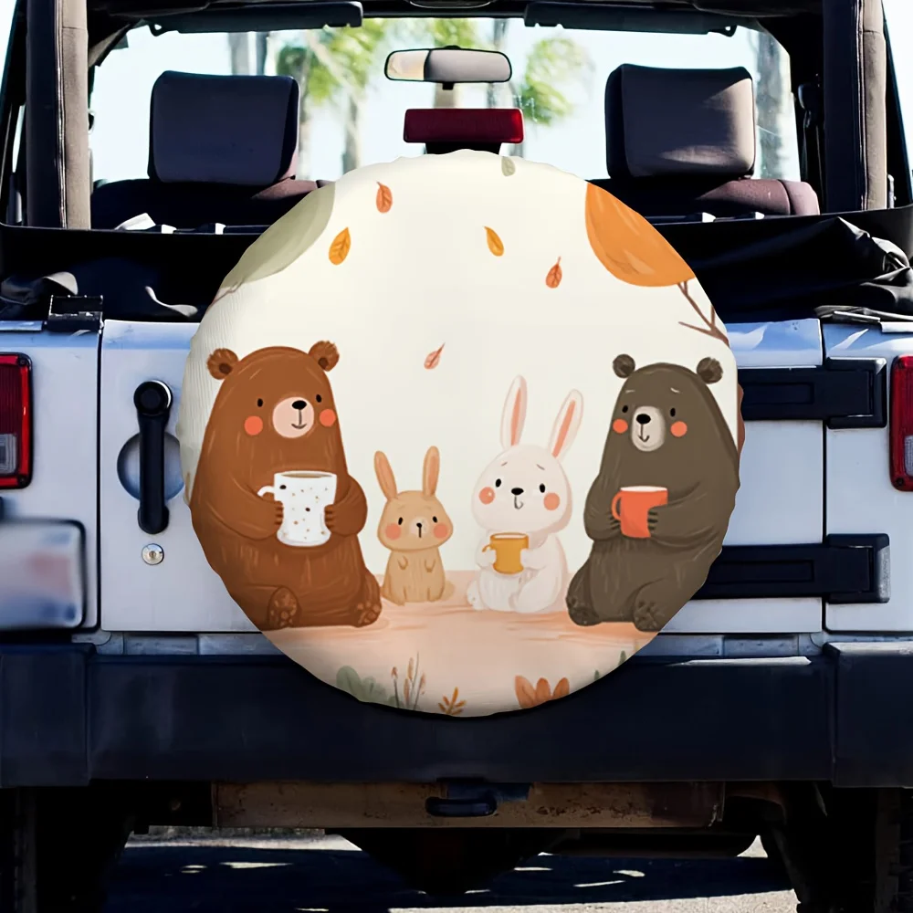 1pc Cute Animal Coffee Time Tire Cover - 2D Flat Printing, Durable Polyester Fabric, No Electricity Needed, Perfect For Gas Stat