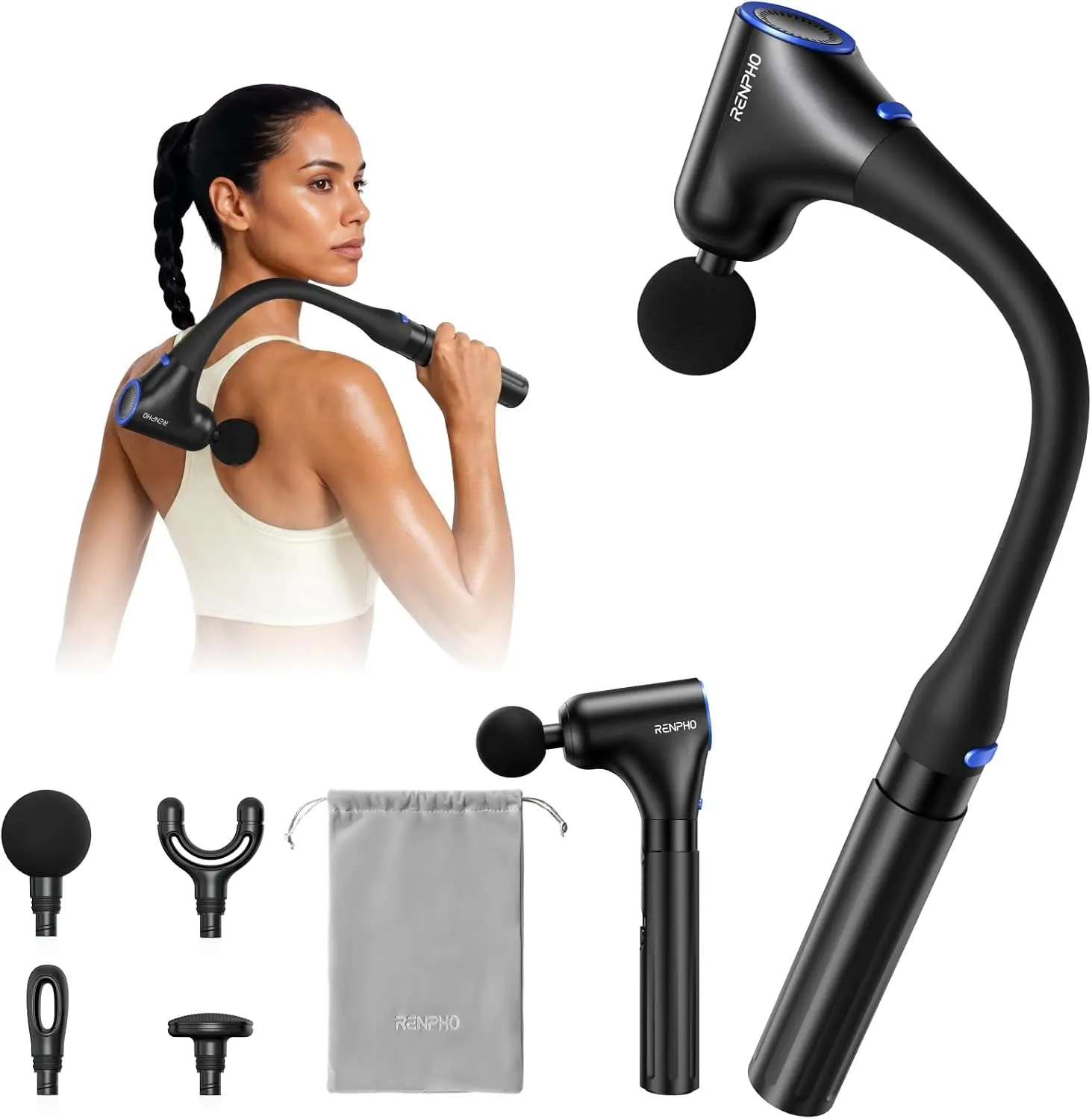 4-in-1 Massage Gun with Extension Handle, Deep Tissue Percussion Massager for Back, Neck, Shoulders, 10MM Amplitude, Portable, FSA/HSA Eligible