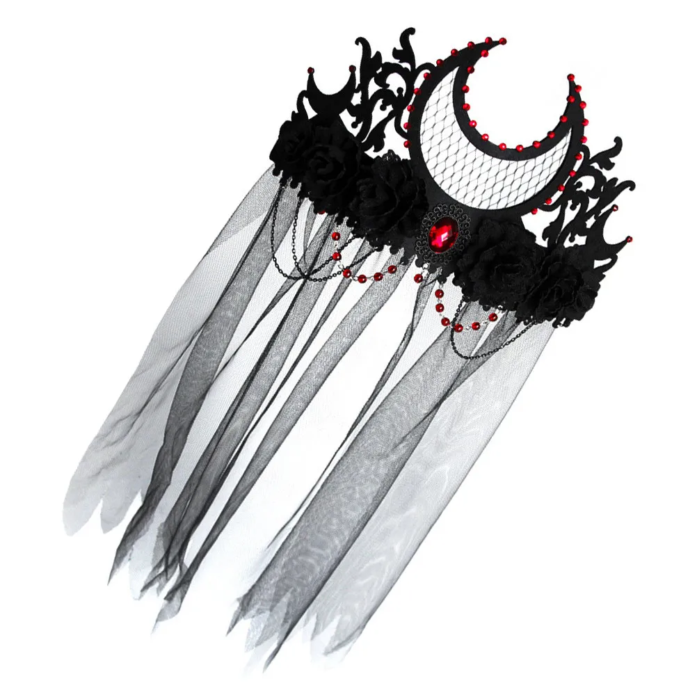

Halloween Crown Veil Headdress for Women Elegant Flower Moon Beaded Headpiece Party Costume Accessory Cosplay Hair Decoration