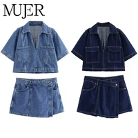 MUJER-Camiseta vaquera azul para mujer, camisa recortada de manga corta, Tops cortos de verano para mujer, ropa de calle Y2k, blusas elegantes para mujer
