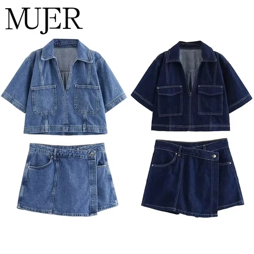 Imagen 1 del producto MUJER-Camiseta vaquera azul para mujer, camisa recortada de manga corta, Tops cortos de verano para mujer, ropa de calle Y2k, blusas elegantes para mujer