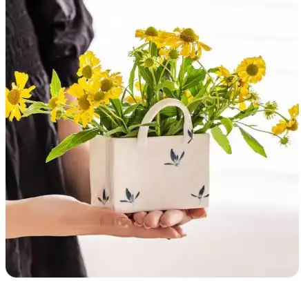 Hand Drawn Orchid Ceramic Handbag Vase Desktop Creative Flower Arrangement Ware Hydroponic Vase Living Room Aesthetic Decoration