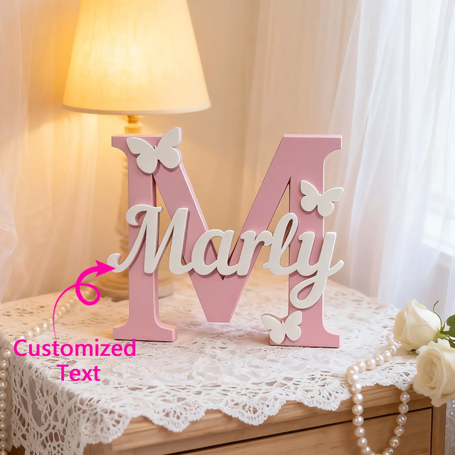 1pc Custom Initial Letter Wooden Name Sign with Butterfly Accents Personalized Tabletop Home Decor Plaque