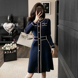 French High Quality Women O Neck Hit Color Striped Sweater Dress New Autumn Winter Single Breasted Knitted Bright Silk Vestidos