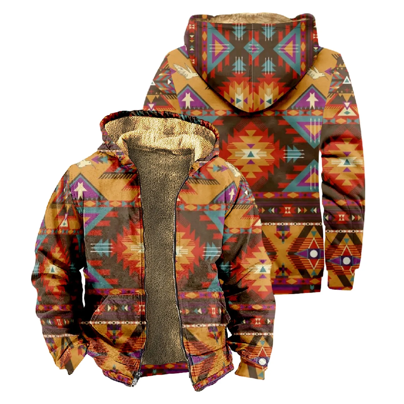 Aztec Geometric Vintage Print Fleece Thicken Jacket Coat For Man Winter Outdoor Wool Warm Tracksuit Coats Man Streetwear Jackets