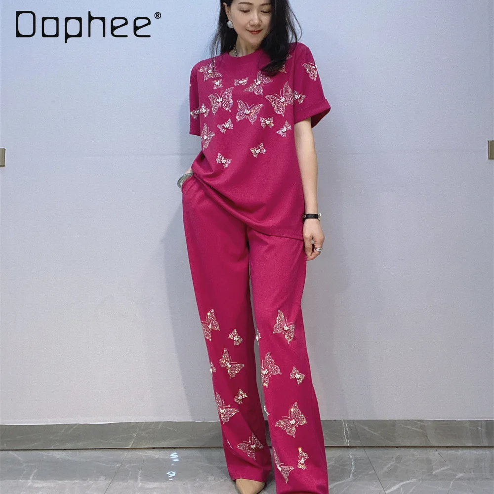

2025 Summer New Bead Crew Neck Half-Sleeve Top and Pants Sets Women's Outfits Balck Fashion Wide Leg Pants Two-piece Sets