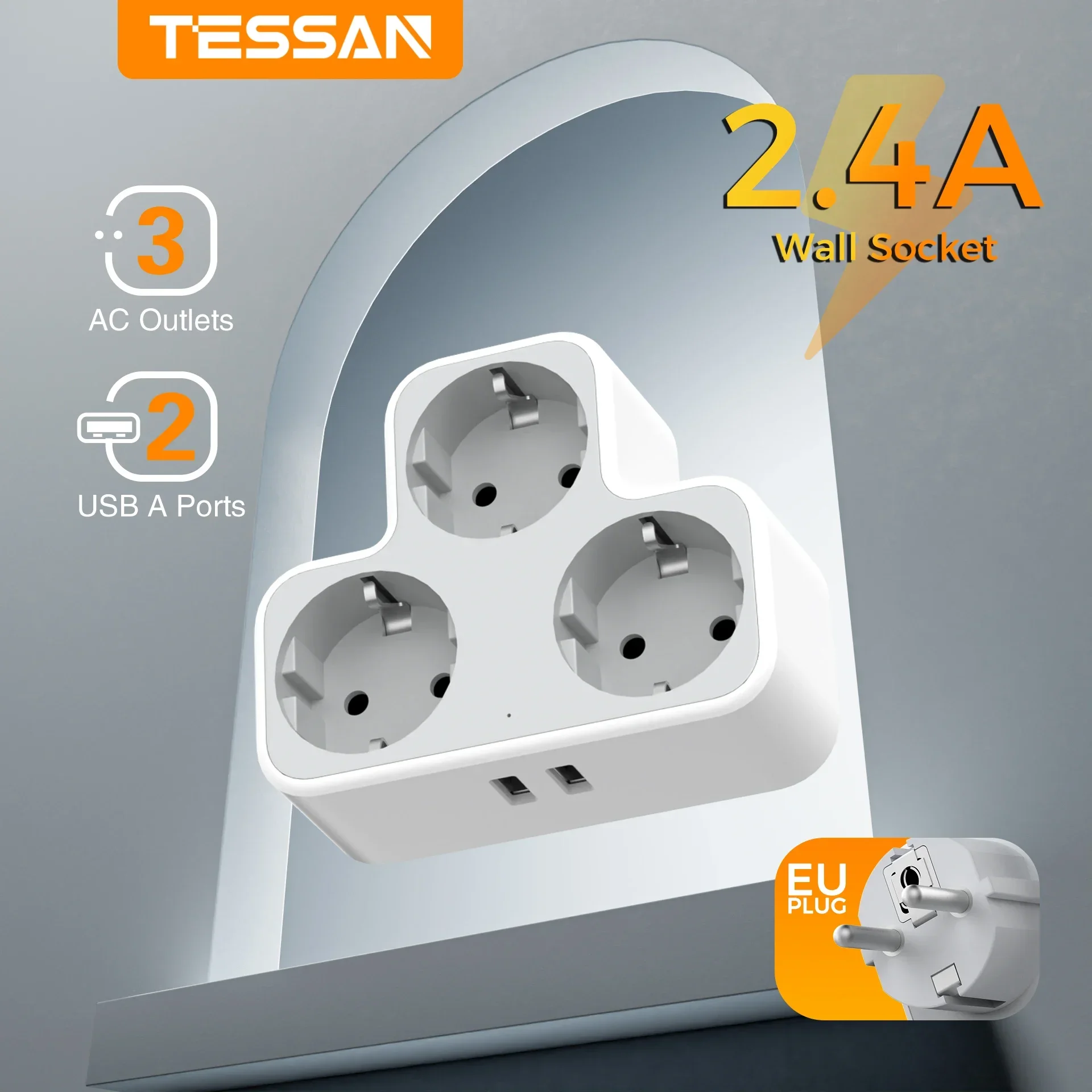 TESSAN Multiple EU Standard USB Socket Wall Power Strip 5-In-1 Plug Socket with 3AC Outlets Adapter Wall Charger for Home Office