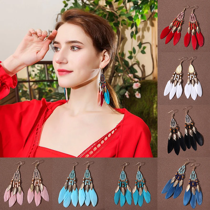 Bohemian Long Feather Dangle Earrings For Women Beach Chain Tassel Drop Earrings Wedding Bride Jewelry Girl Gift