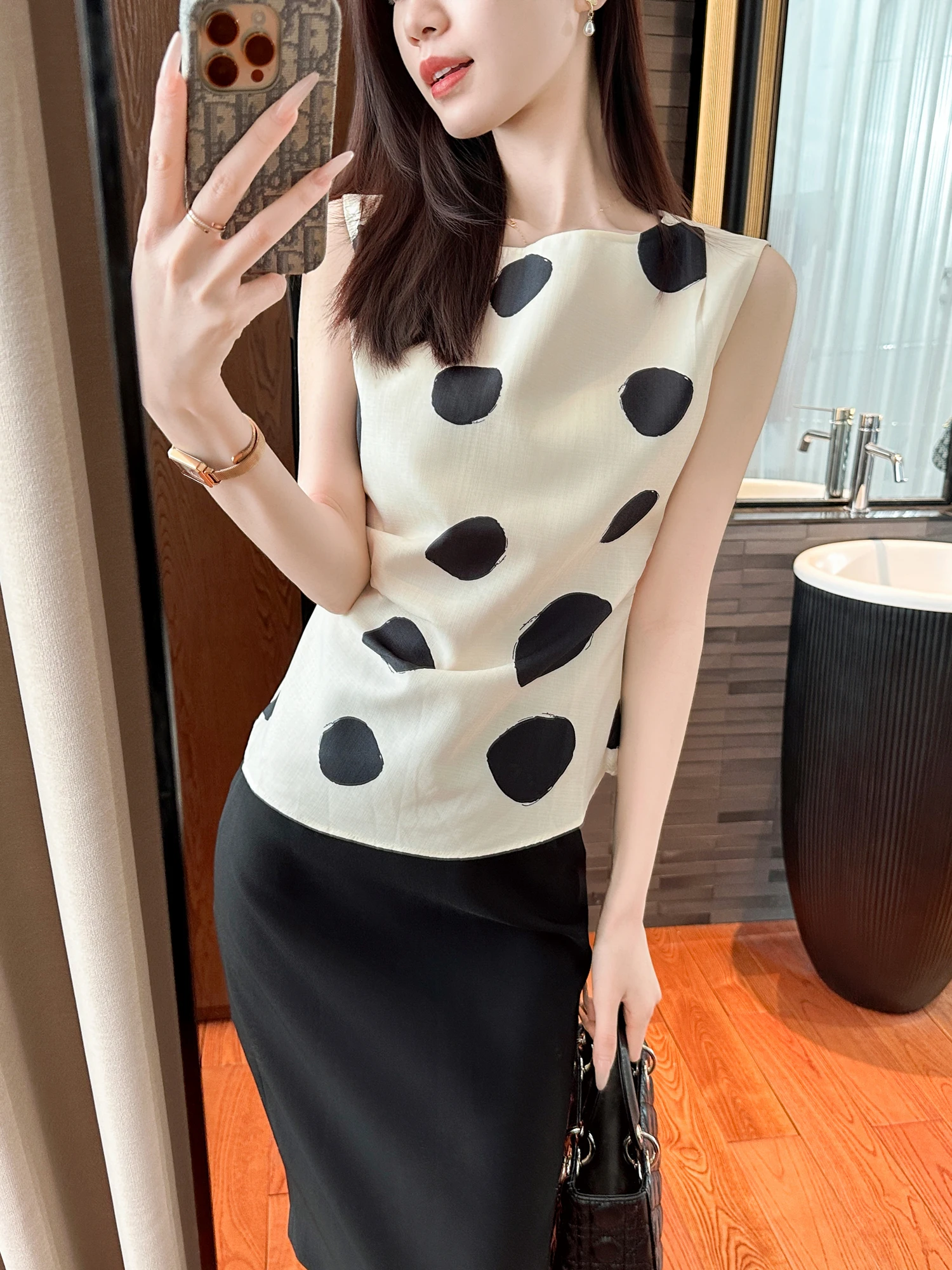

You See Polka Dot High Temperature Shaping Process Soft Texture Sleeveless Top Women's French Style Slim Fit Shirt round Neck