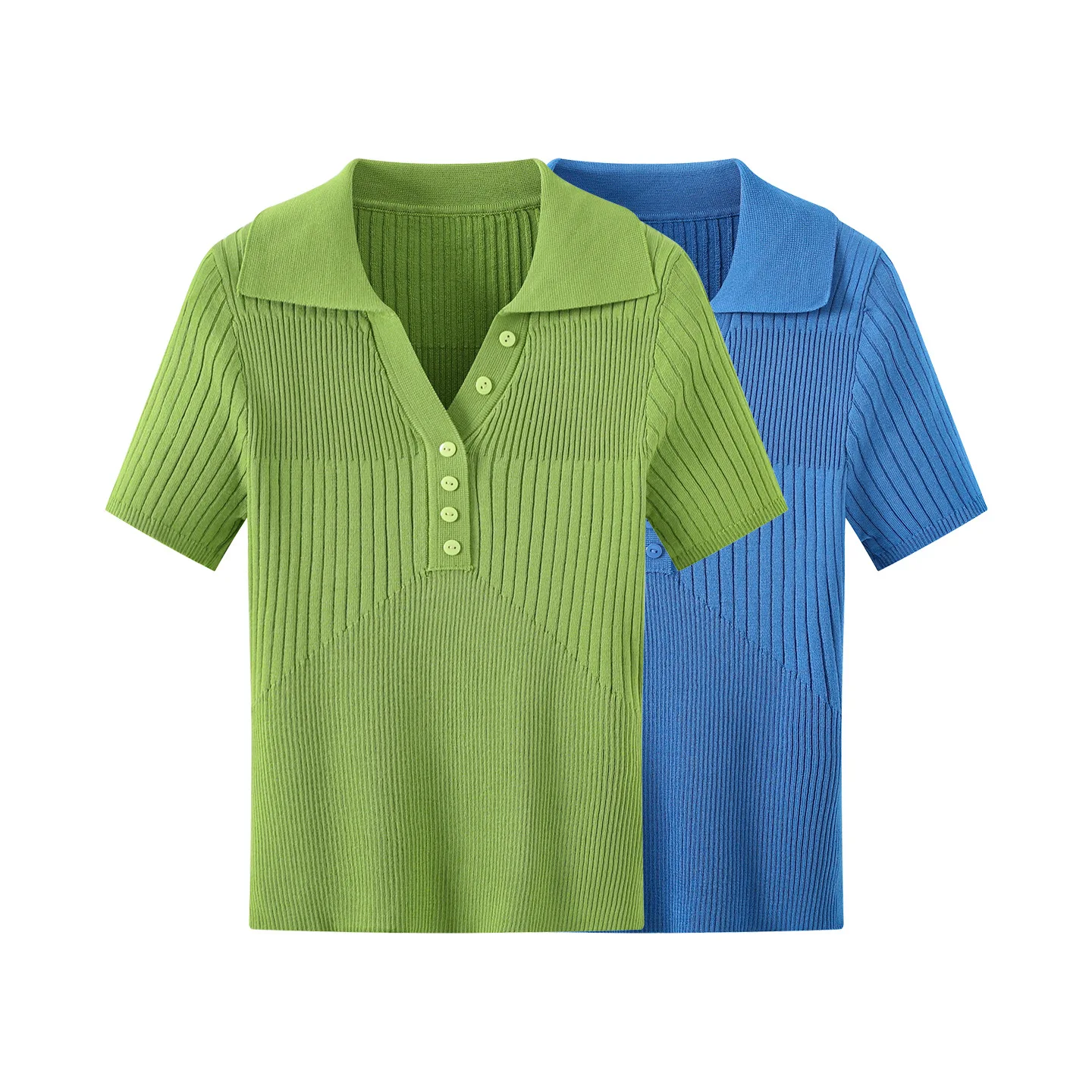 Maxdutti Knitted Collar Short Sleeved 2026 Summer New Item Forest Style Lapel Slim Fit And Slimming Vertical Stripe Top