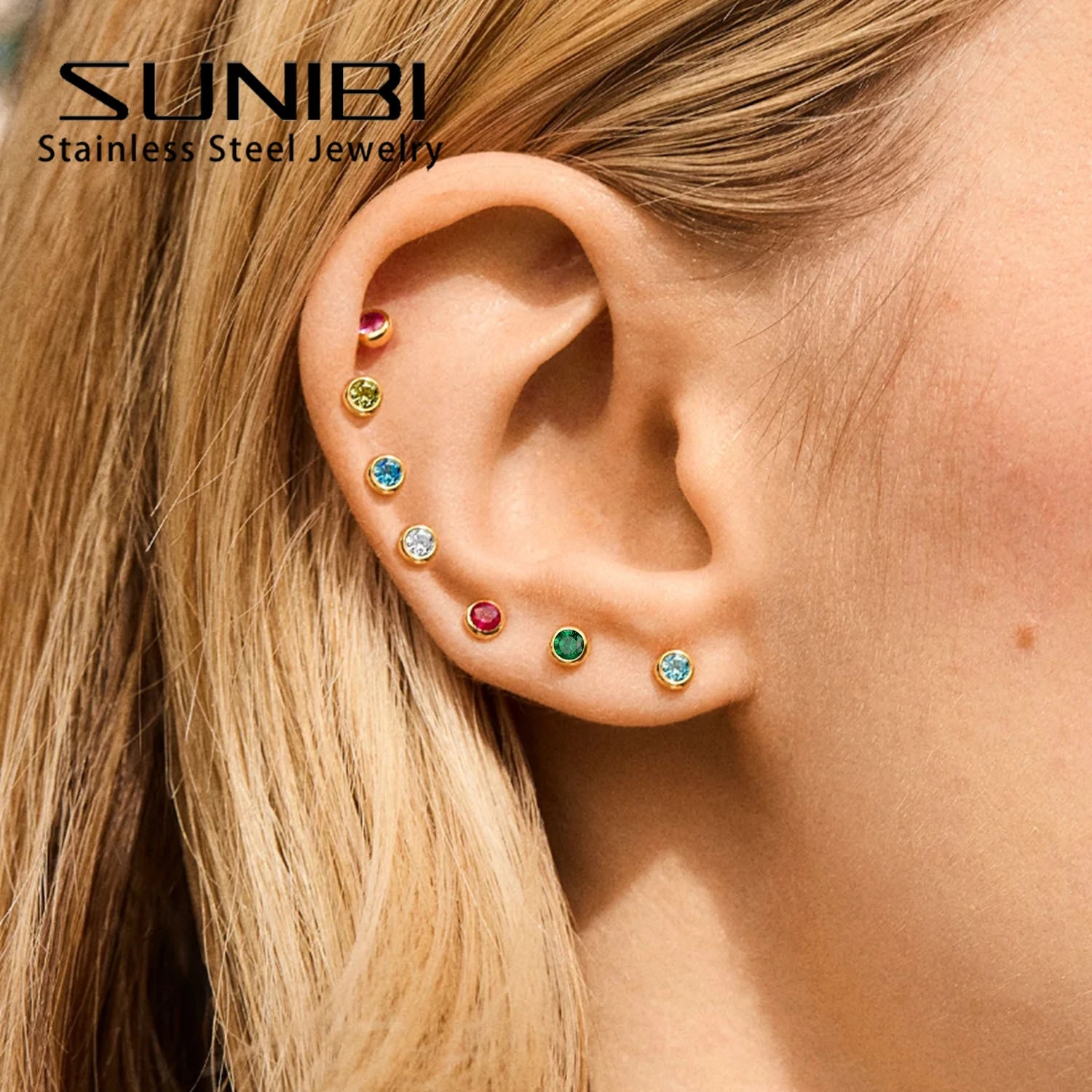 316 Stainless Steel Birthstone Earrings Pierced Gold Color Push-Pull Earrings Simple Fashion Ladies Holiday Party Gift Wholesale